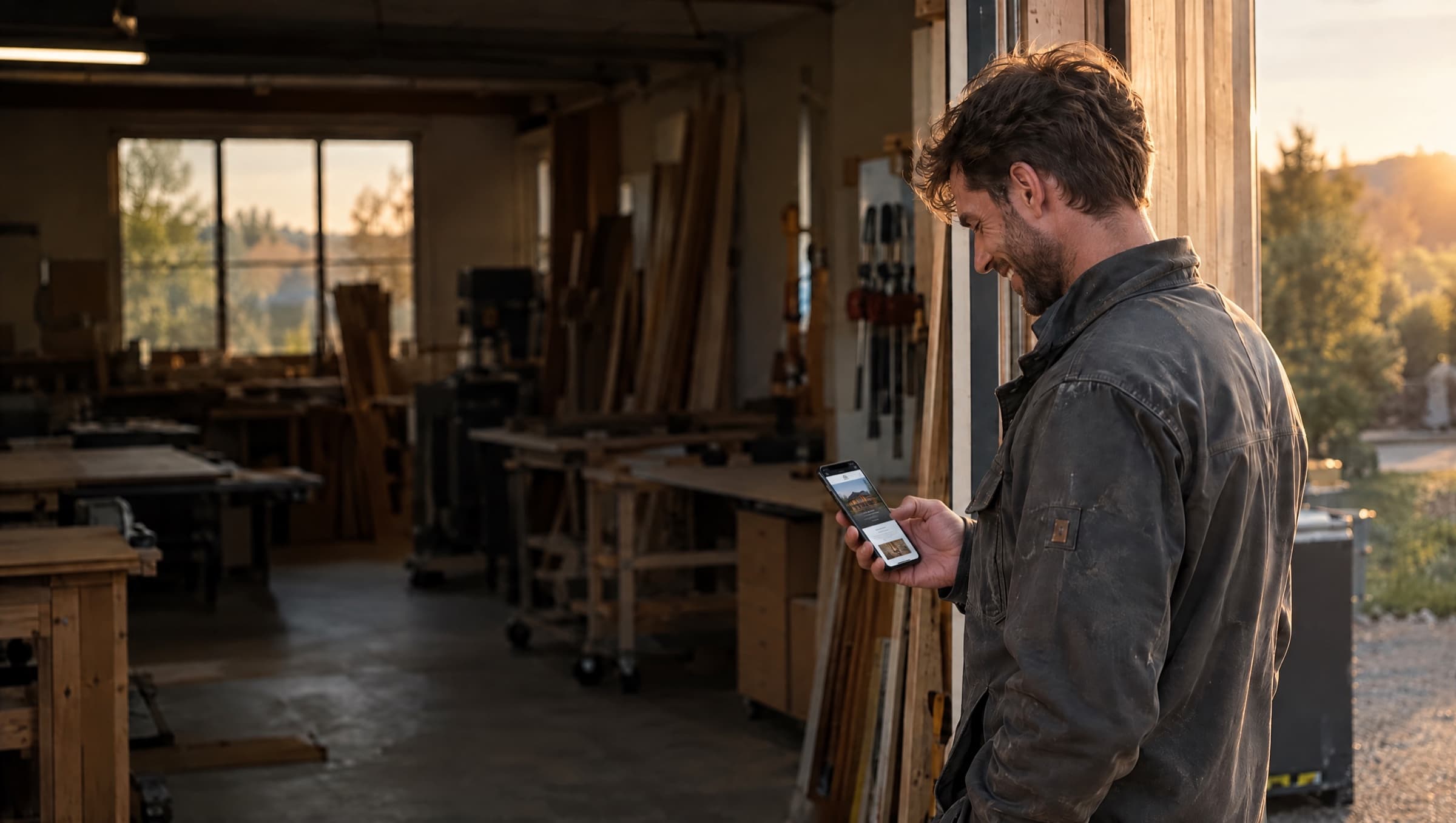 Handwerksmeister im Tor seiner Werkstatt sieht lächelnd die neue Website seines Betriebs auf dem Smartphone