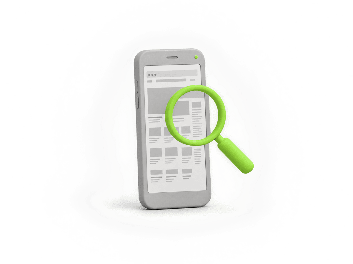 Smartphone mit viel zu kleiner Website und Lupe